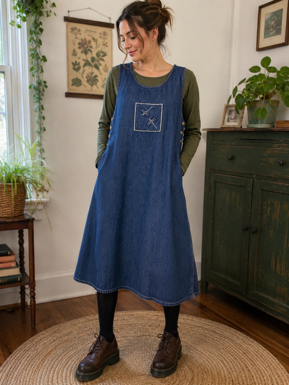 Nick & Sarah Denim Jumper Dress XL Dragonfly Embroidered Pinafore Cottagecore
